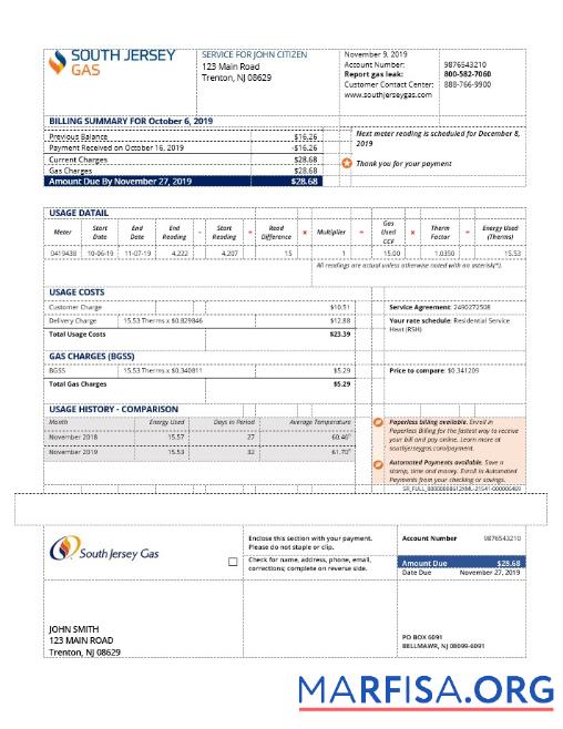 Printable USA New Jersey gas utility bill template in Word and PDF format (.doc and .pdf)